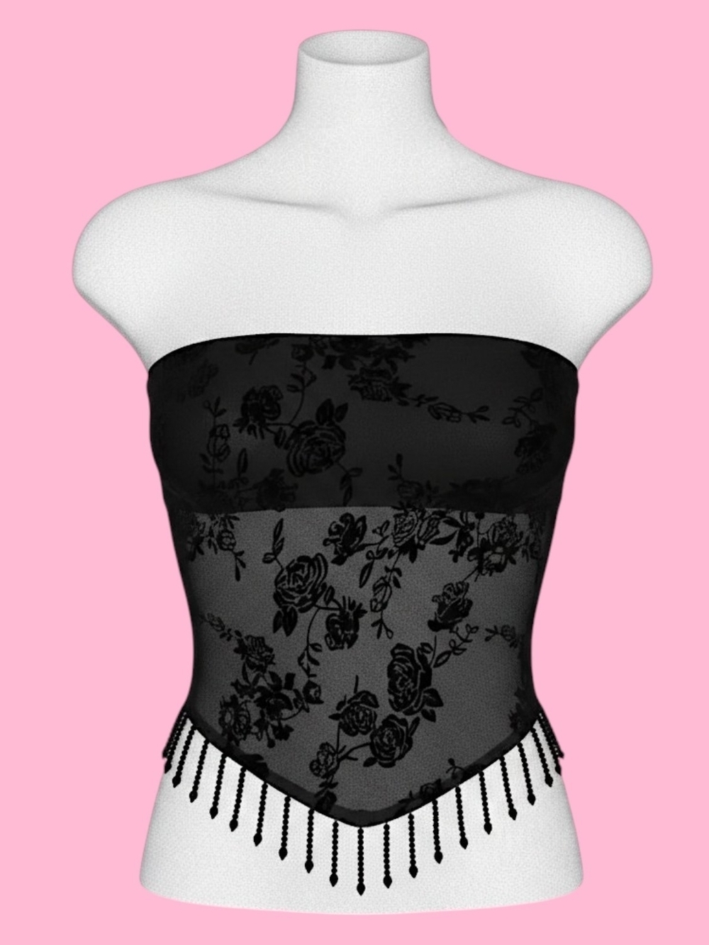 🚺 TicToc Mirabell Flocked Mesh Sequence Beaded Bandeau Top [BLACK]